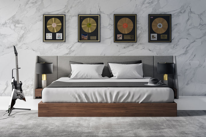 Janice - Modern Grey Fabric and Walnut Bed and Nightstands