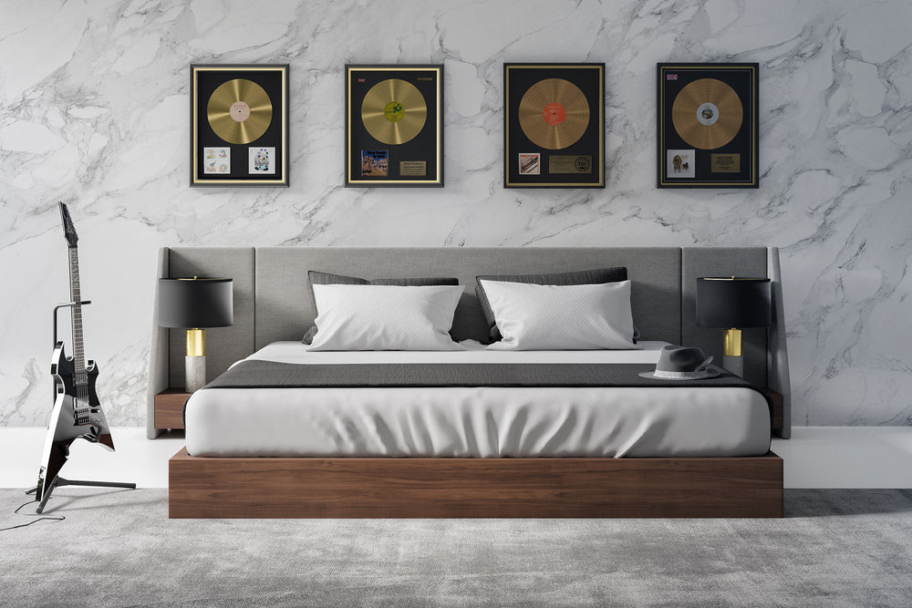 Janice - Modern Grey Fabric and Walnut Bed and Nightstands - View 3