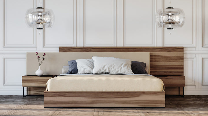 Queen Matteo Italian Modern Walnut &amp; Fabric Bed + 2 Nightstands + Dresser Set