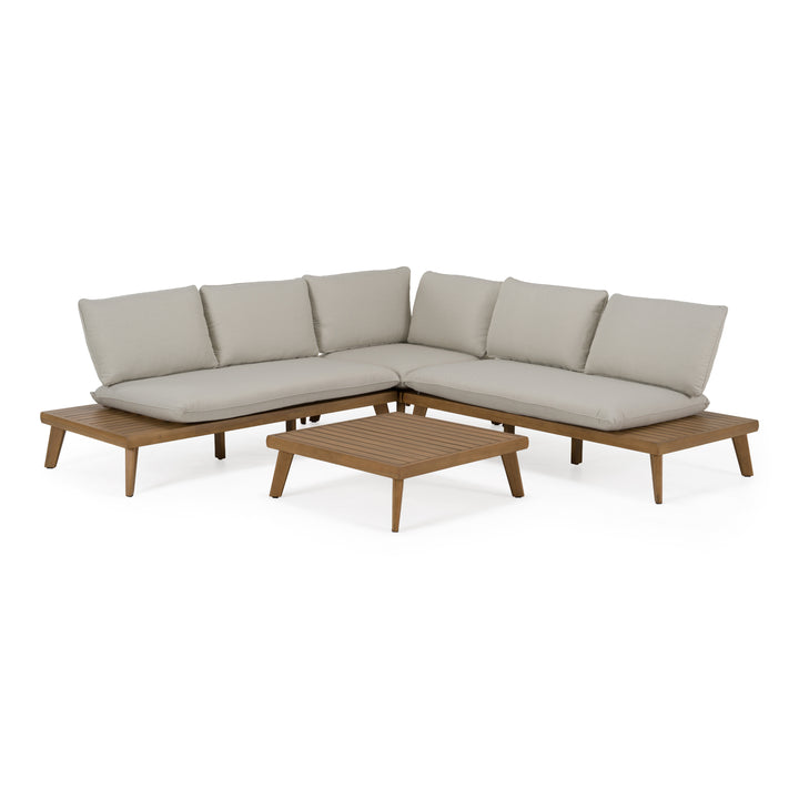 Tavira - Outdoor Off-White Fabric + Eucalyptus Sectional Sofa + Coffee Table Set