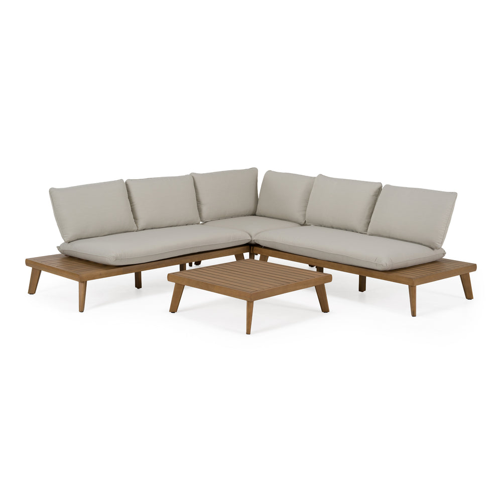Tavira - Outdoor Off-White Fabric + Eucalyptus Sectional Sofa + Coffee Table Set