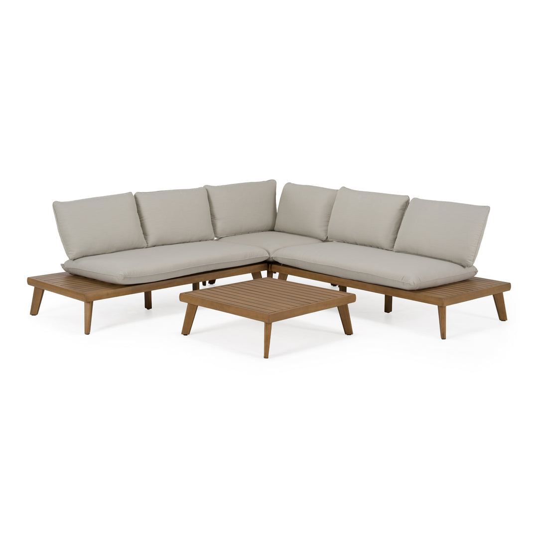 Tavira - Outdoor Off-White Fabric + Eucalyptus Sectional Sofa + Coffee Table Set
