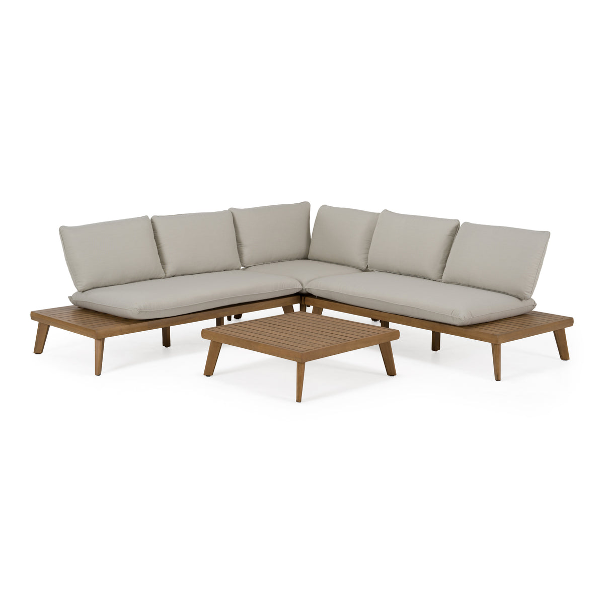 Tavira - Outdoor Off-White Fabric + Eucalyptus Sectional Sofa + Coffee Table Set