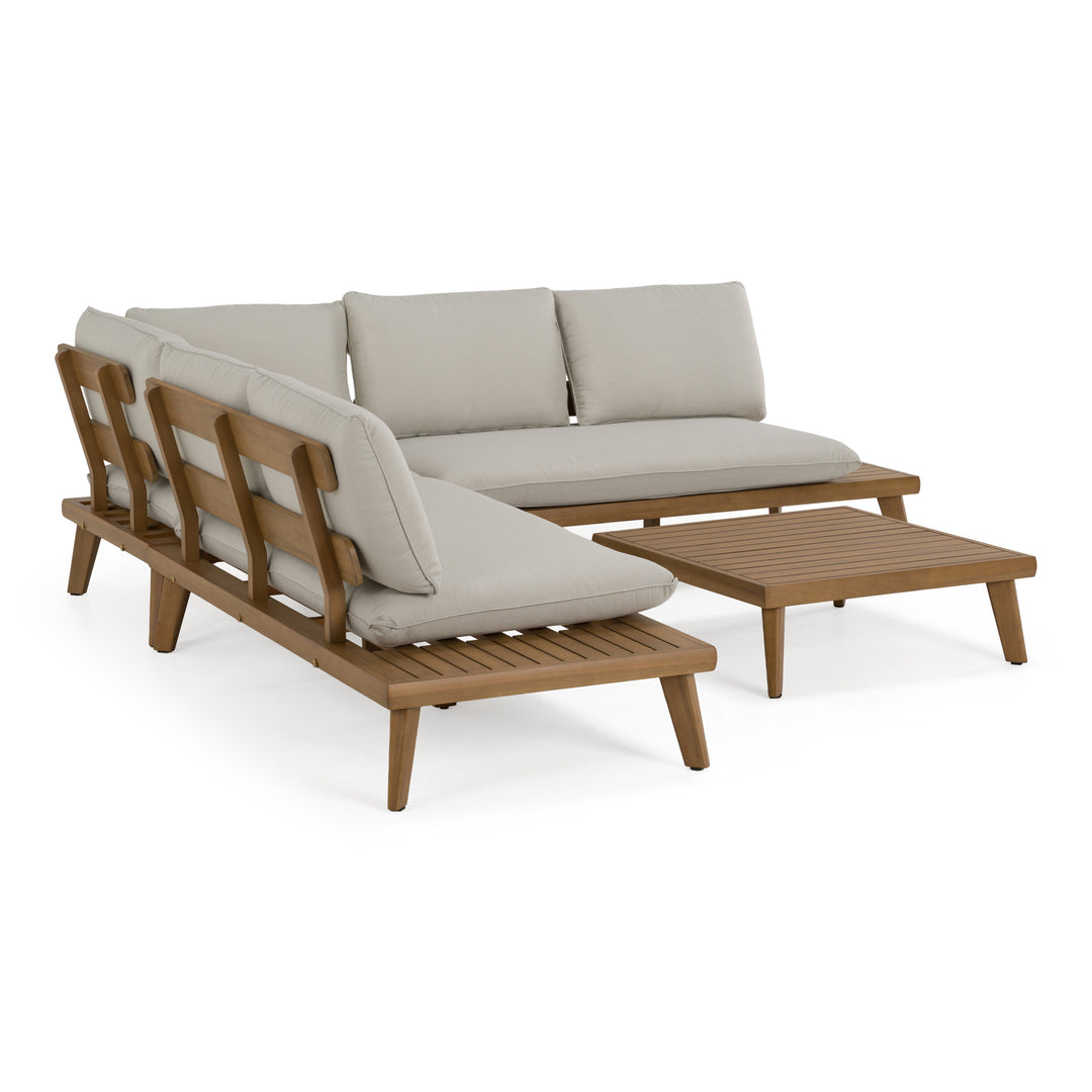 Tavira - Outdoor Off-White Fabric + Eucalyptus Sectional Sofa + Coffee Table Set