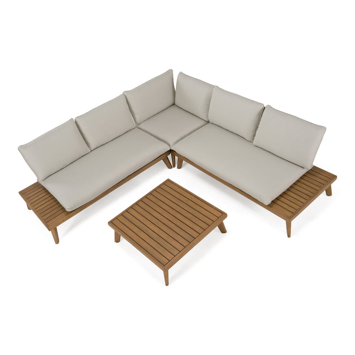 Tavira - Outdoor Off-White Fabric + Eucalyptus Sectional Sofa + Coffee Table Set