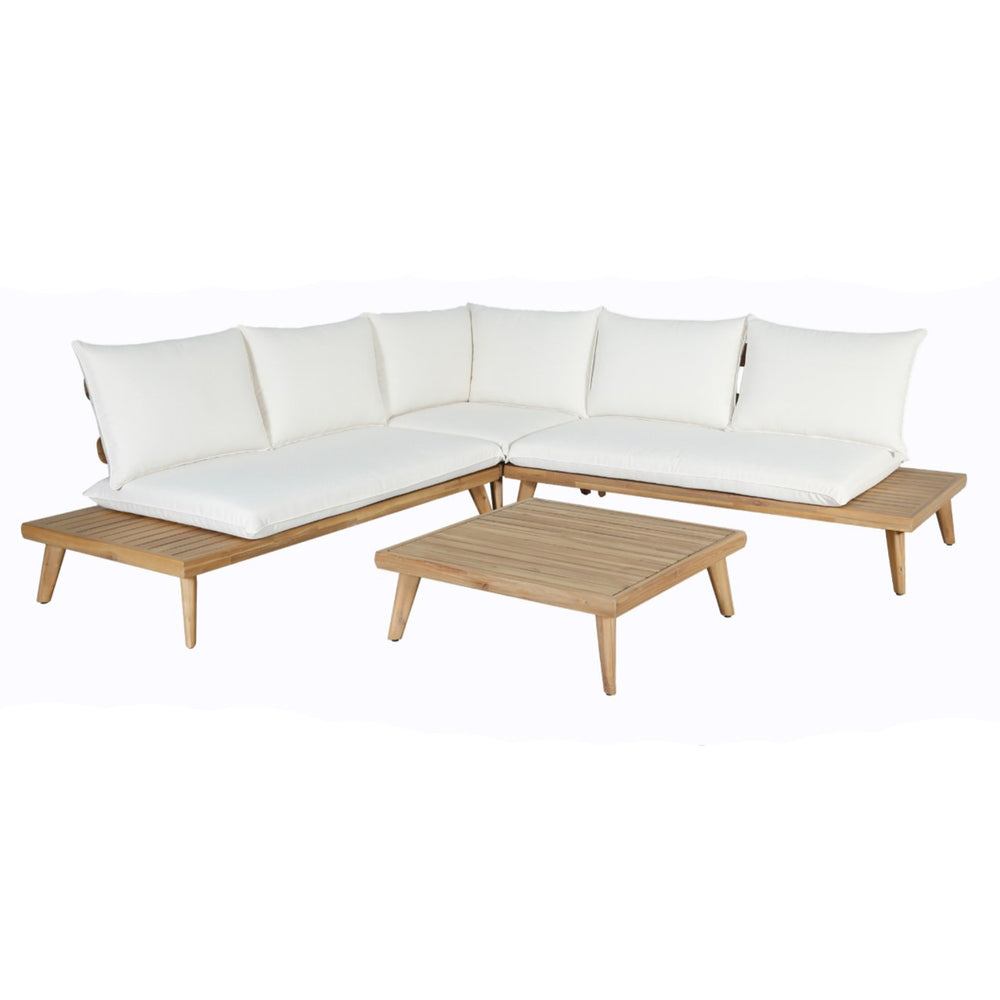 Tavira - Outdoor Off-White Fabric + Eucalyptus Sectional Sofa + Coffee Table Set - View 4