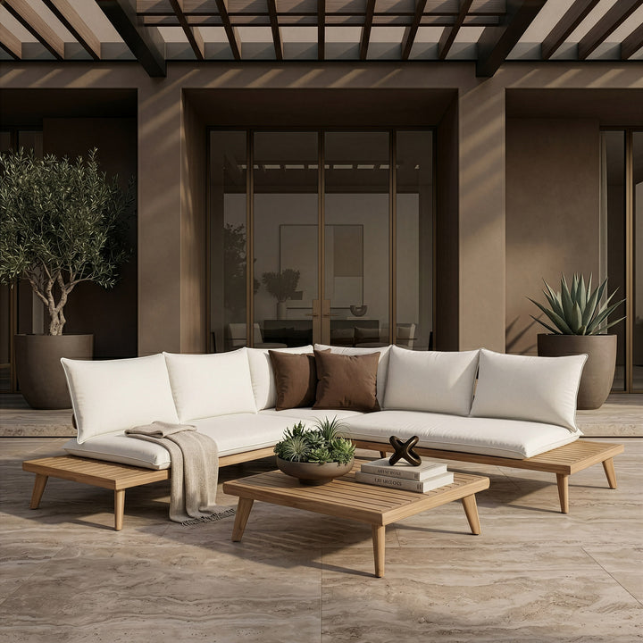 Tavira - Outdoor Off-White Fabric + Eucalyptus Sectional Sofa + Coffee Table Set