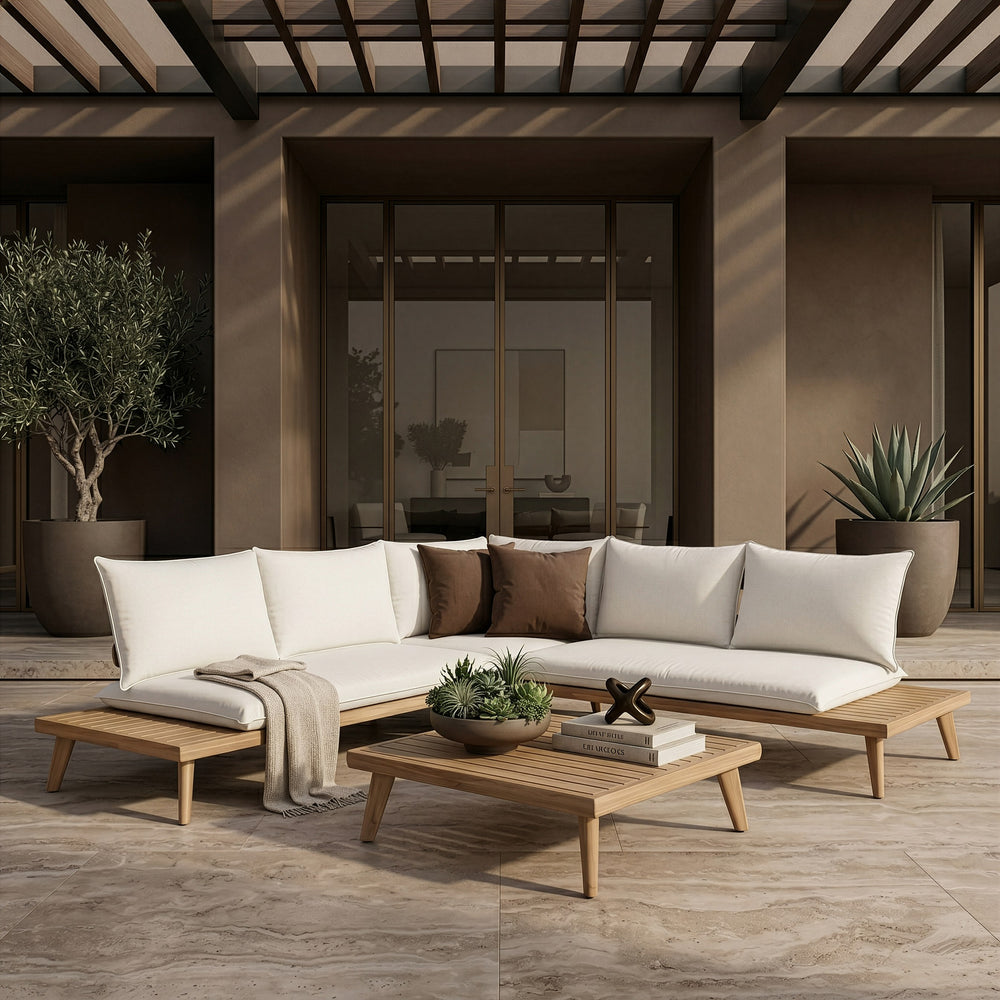 Tavira - Outdoor Off-White Fabric + Eucalyptus Sectional Sofa + Coffee Table Set - View 2