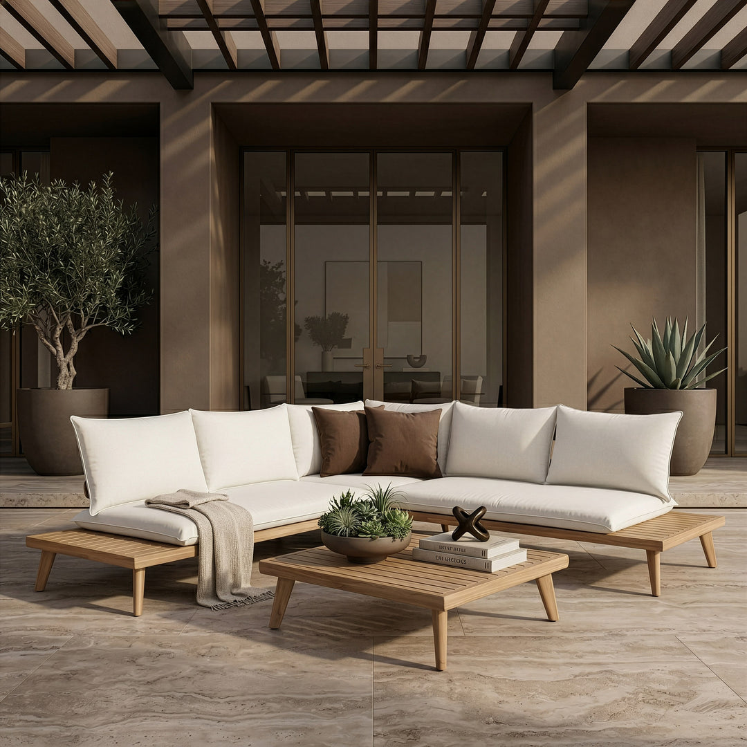 Tavira - Outdoor Off-White Fabric + Eucalyptus Sectional Sofa + Coffee Table Set