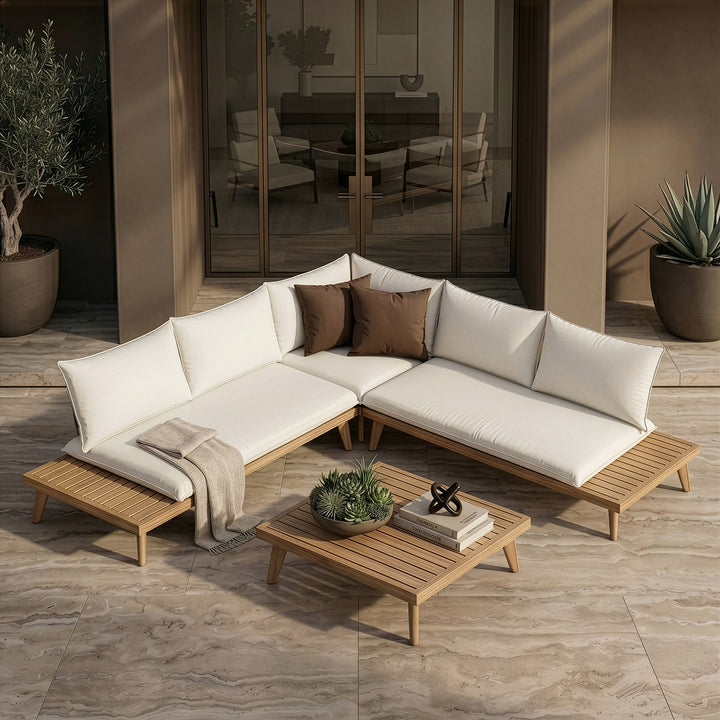 Tavira - Outdoor Off-White Fabric + Eucalyptus Sectional Sofa + Coffee Table Set