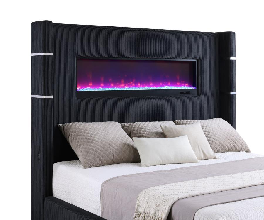 Tisdall - Upholstered California King Fireplace Bed - Black Upholstered Bed modern furniture Contempo Furniture