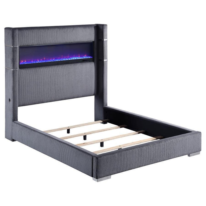 Tisdall - Upholstered California King Fireplace Bed - Gray Upholstered Bed modern furniture Contempo Furniture