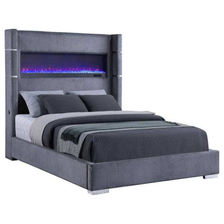Tisdall - Upholstered California King Fireplace Bed - Gray Upholstered Bed modern furniture Contempo Furniture