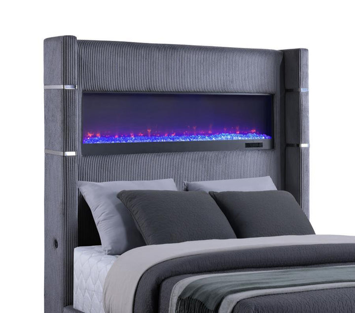 Tisdall - Upholstered California King Fireplace Bed - Gray Upholstered Bed modern furniture Contempo Furniture