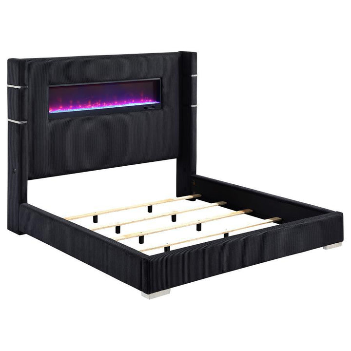 Tisdall - Upholstered Eastern King Fireplace Bed - Black Upholstered Bed modern furniture Contempo Furniture