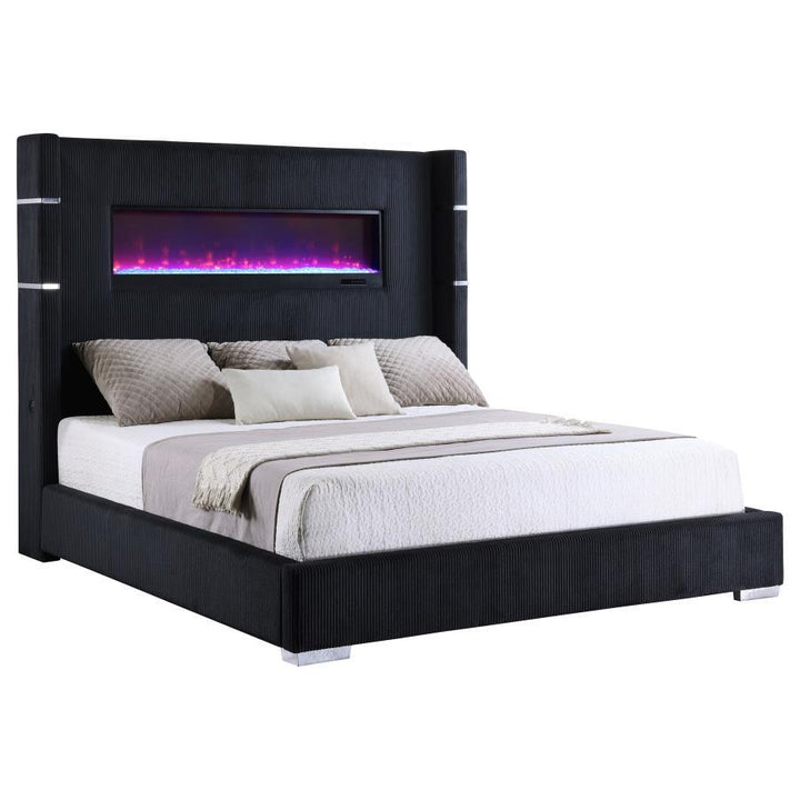 Tisdall - Upholstered Eastern King Fireplace Bed - Black Upholstered Bed modern furniture Contempo Furniture
