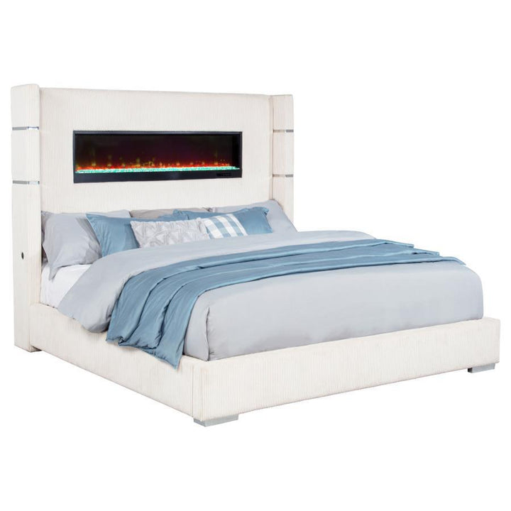 Tisdall - Upholstered Eastern King Fireplace Bed - Cream Upholstered Bed modern furniture Contempo Furniture