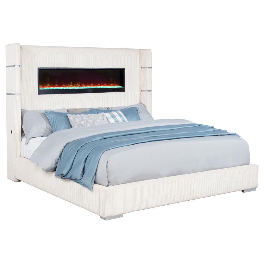 Tisdall - Upholstered Eastern King Fireplace Bed - Cream Upholstered Bed modern furniture Contempo Furniture