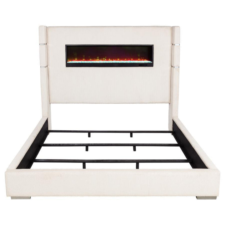 Tisdall - Upholstered Eastern King Fireplace Bed - Cream Upholstered Bed modern furniture Contempo Furniture