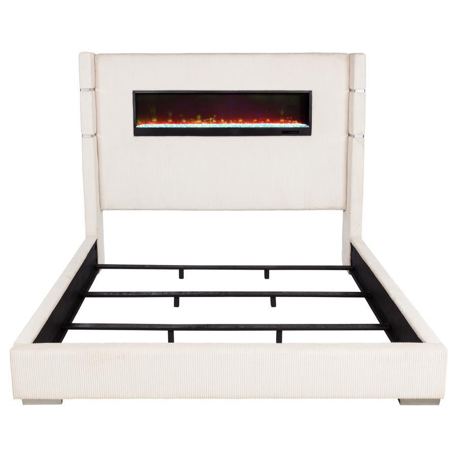 Tisdall - Upholstered Eastern King Fireplace Bed - Cream Upholstered Bed modern furniture Contempo Furniture