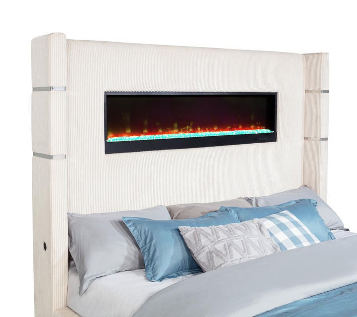 Tisdall - Upholstered Eastern King Fireplace Bed - Cream Upholstered Bed modern furniture Contempo Furniture