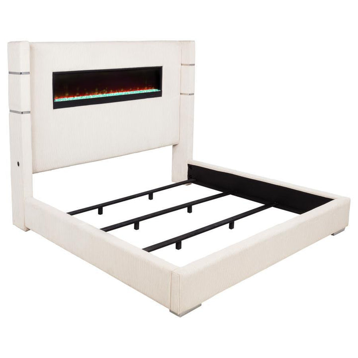 Tisdall - Upholstered Eastern King Fireplace Bed - Cream Upholstered Bed modern furniture Contempo Furniture