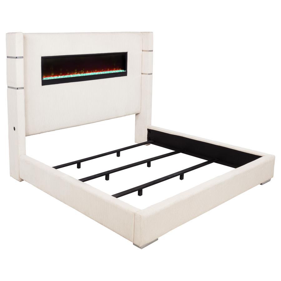 Tisdall - Upholstered Eastern King Fireplace Bed - Cream Upholstered Bed modern furniture Contempo Furniture