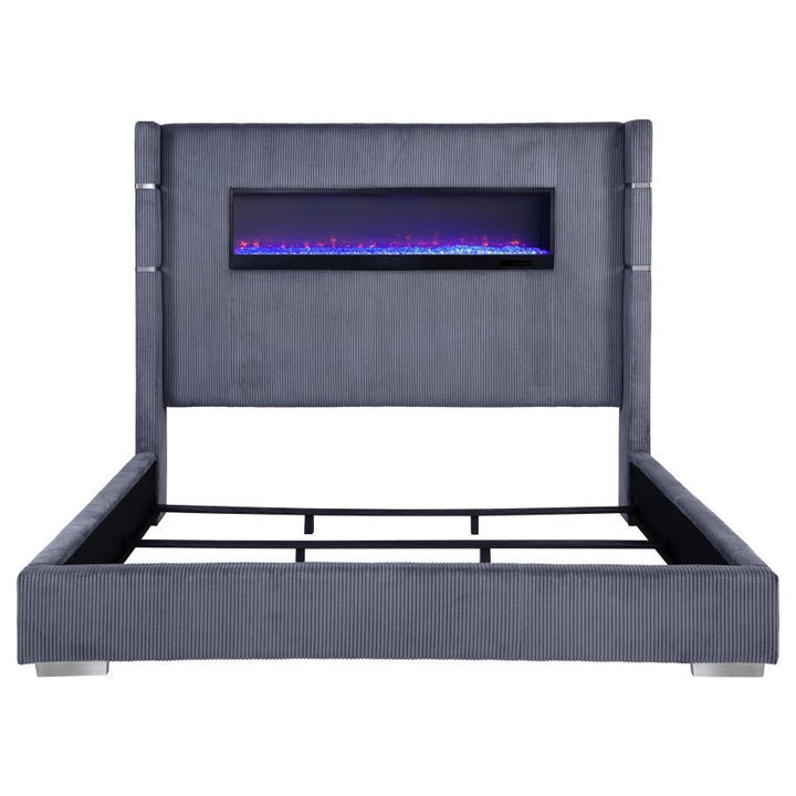 Tisdall - Upholstered Eastern King Fireplace Bed - Gray Upholstered Bed modern furniture Contempo Furniture
