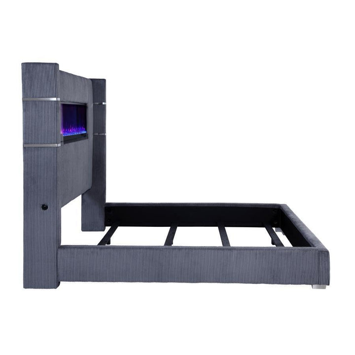 Tisdall - Upholstered Eastern King Fireplace Bed - Gray Upholstered Bed modern furniture Contempo Furniture