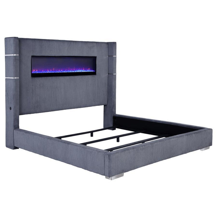 Tisdall - Upholstered Eastern King Fireplace Bed - Gray Upholstered Bed modern furniture Contempo Furniture