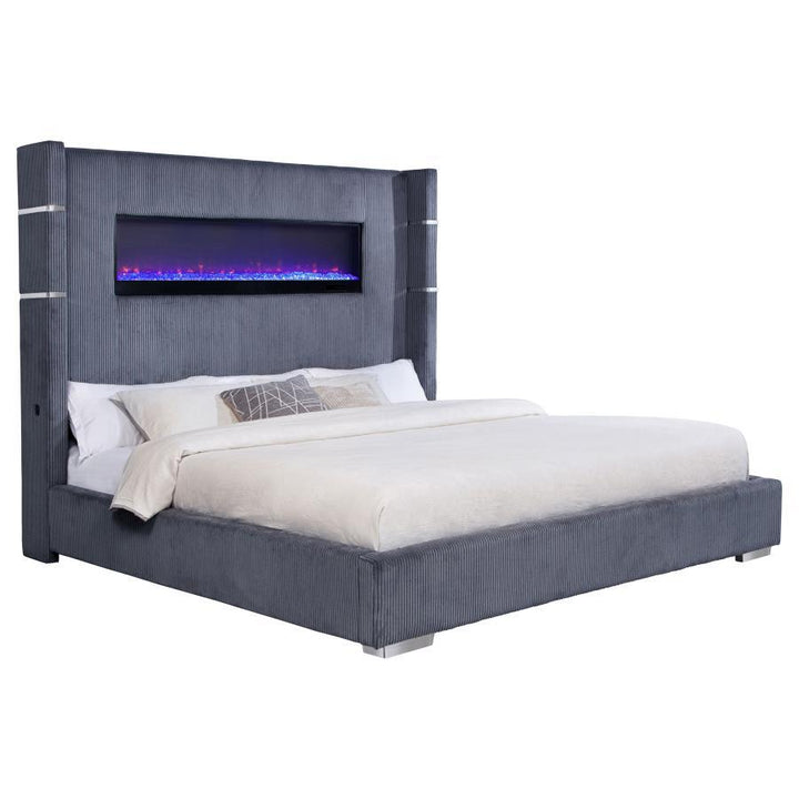 Tisdall - Upholstered Eastern King Fireplace Bed - Gray Upholstered Bed modern furniture Contempo Furniture