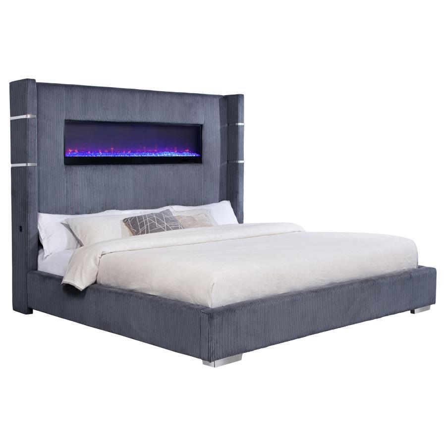 Tisdall - Upholstered Eastern King Fireplace Bed - Gray Upholstered Bed modern furniture Contempo Furniture
