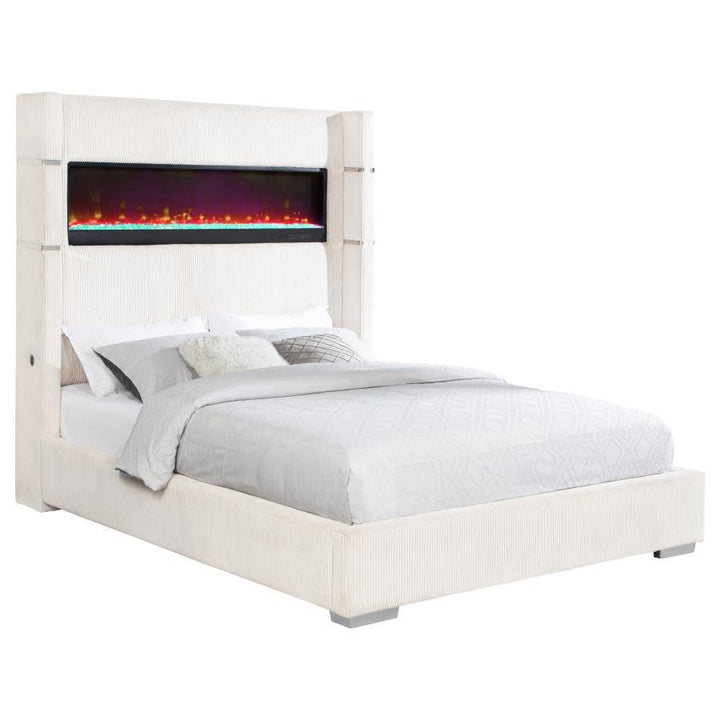 Tisdall - Upholstered Queen Fireplace Bed - Cream Upholstered Bed modern furniture Contempo Furniture