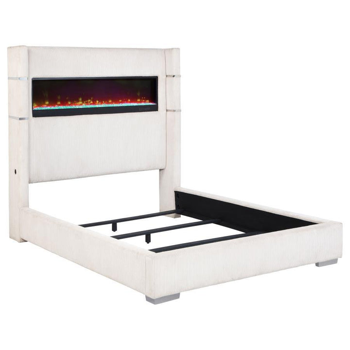 Tisdall - Upholstered Queen Fireplace Bed - Cream Upholstered Bed modern furniture Contempo Furniture