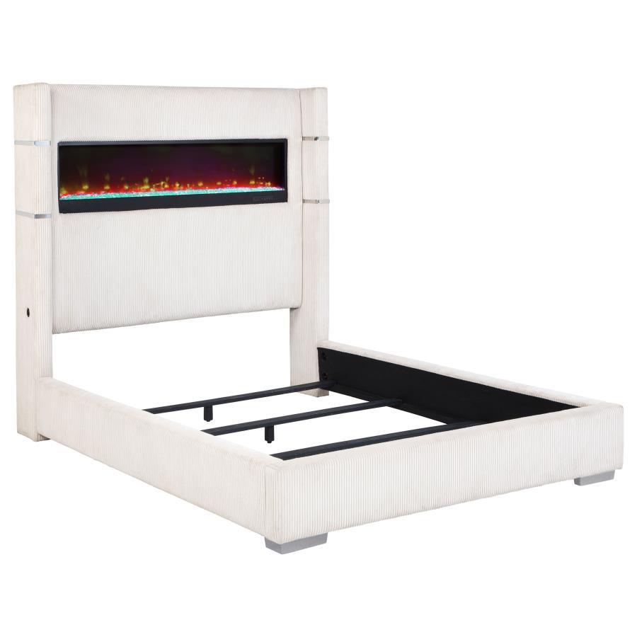 Tisdall - Upholstered Queen Fireplace Bed - Cream Upholstered Bed modern furniture Contempo Furniture