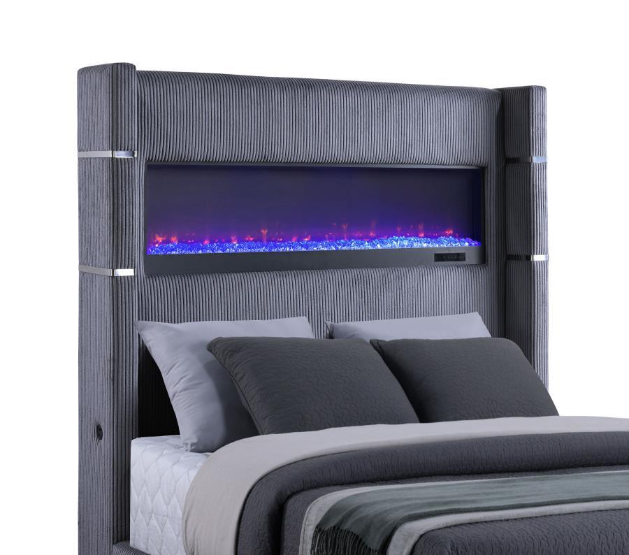 Tisdall - Upholstered Queen Fireplace Bed - Gray Upholstered Bed modern furniture Contempo Furniture