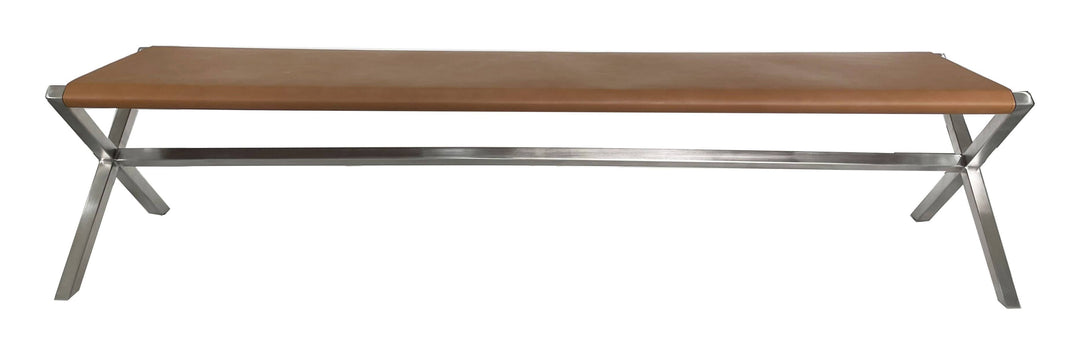 Modus Furniture Jvhh65 One Modern Coastal Directors Style Leather Dining Bench In Cognac And Brushed Stainless Steel