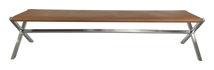 Modus Furniture Jvhh65 One Modern Coastal Directors Style Leather Dining Bench In Cognac And Brushed Stainless Steel