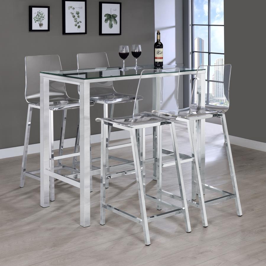 Tolbert - 5 Piece Bar Set With Acrylic Chairs - Clear And Chrome 5 - Piece Dining Room Set modern furniture Contempo Furniture
