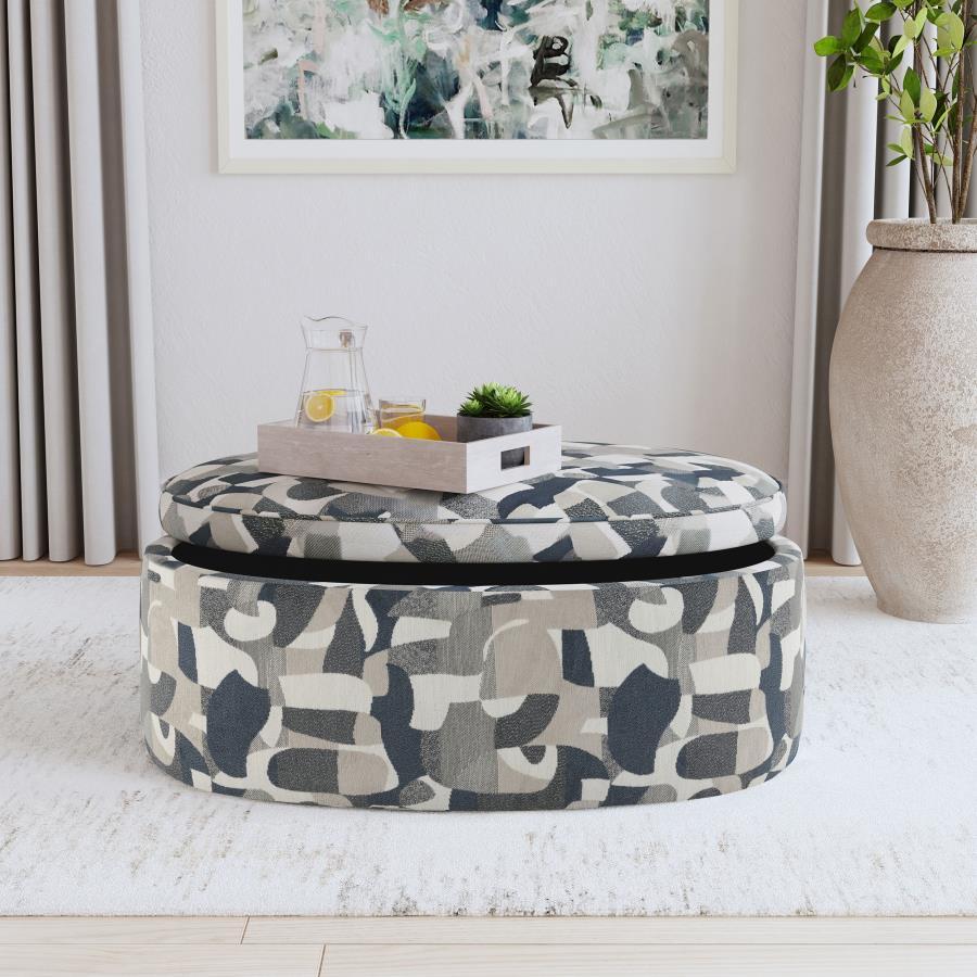 Tomkins - Oval Upholstered Storage Ottoman - Indigo Blue Storage Ottoman modern furniture Contempo Furniture
