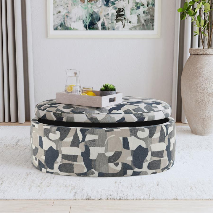 Tomkins - Oval Upholstered Storage Ottoman - Indigo Blue Storage Ottoman modern furniture Contempo Furniture