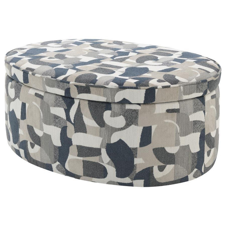 Tomkins - Oval Upholstered Storage Ottoman - Indigo Blue Storage Ottoman modern furniture Contempo Furniture