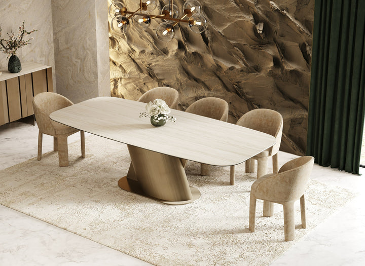 Kiefer - Modern Faux Travertine Ceramic + Bronze Dining Table