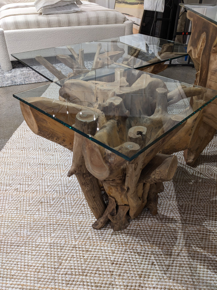 Modus Furniture Jvhs22 One Solid Teak Root Glass Top End Table