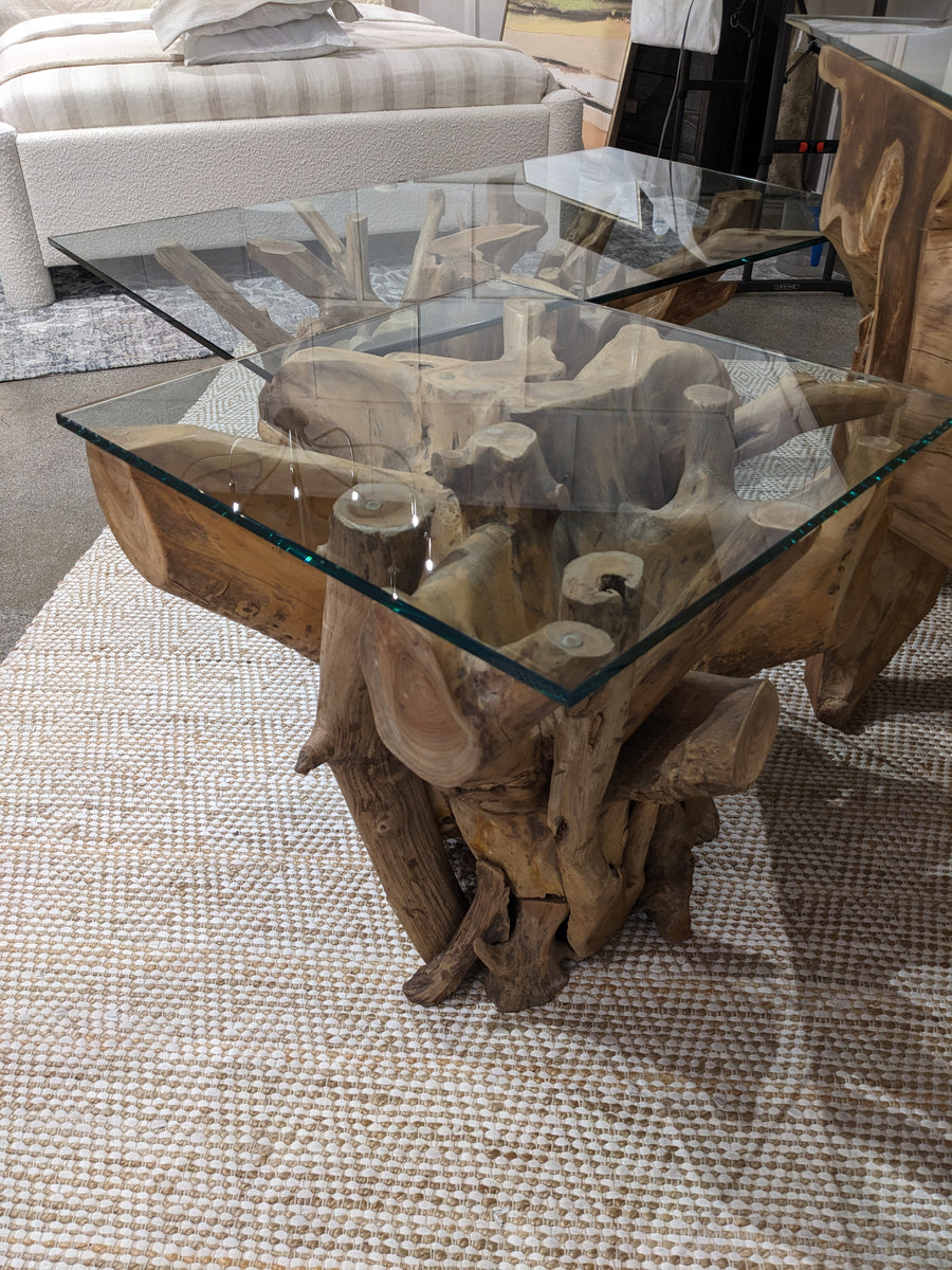 Modus Furniture Jvhs22 One Solid Teak Root Glass Top End Table