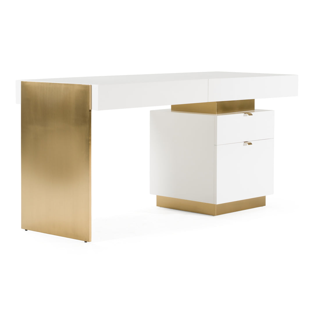 Trahan  Modern Gloss White and Brushed Gold Office Desk