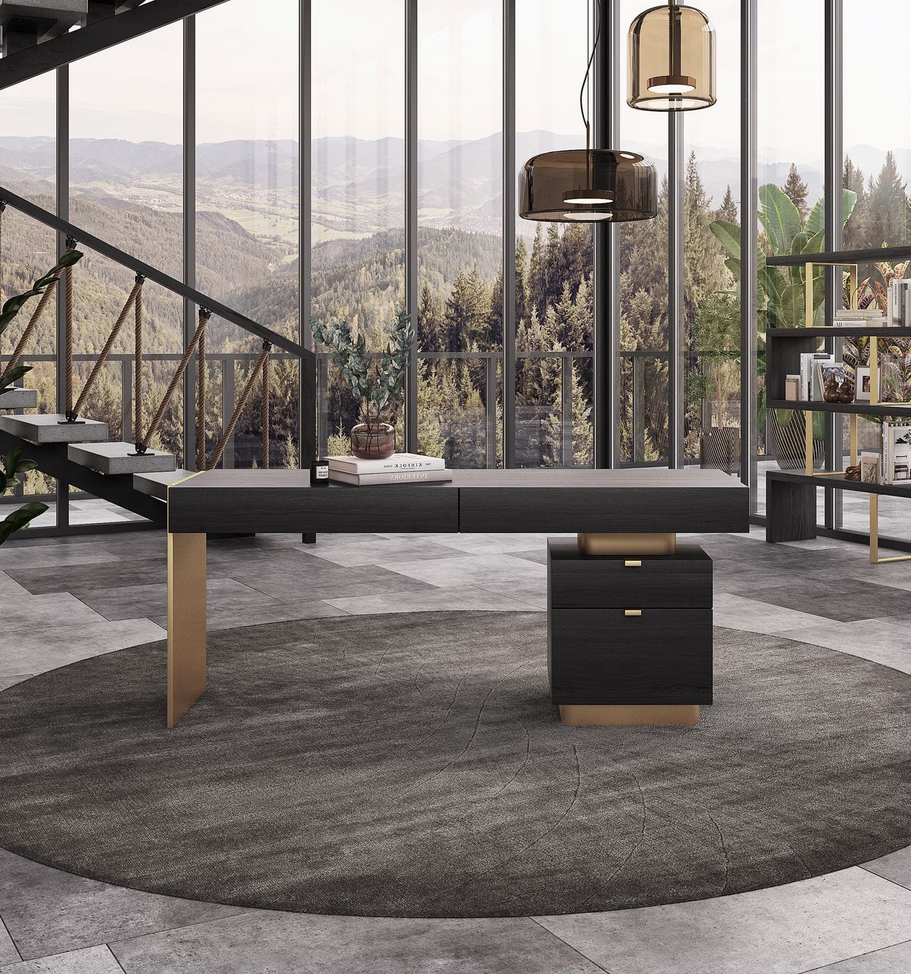 Trahan - Modern Grey Elm  and  Gold Office Desk