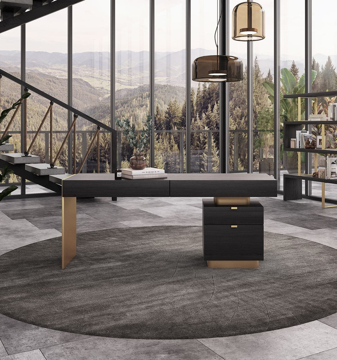 Trahan - Modern Grey Elm & Gold Office Desk