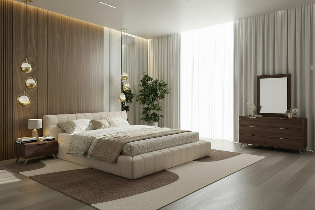 Queen Tyree + Brooklyn - Modern Off-White Fabric + Walnut 4-Piece Bedroom Set