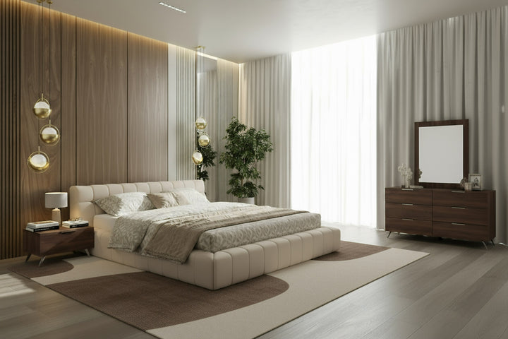 Tyree + Brooklyn - Modern Off-White Fabric + Walnut 4-Piece Bedroom Set